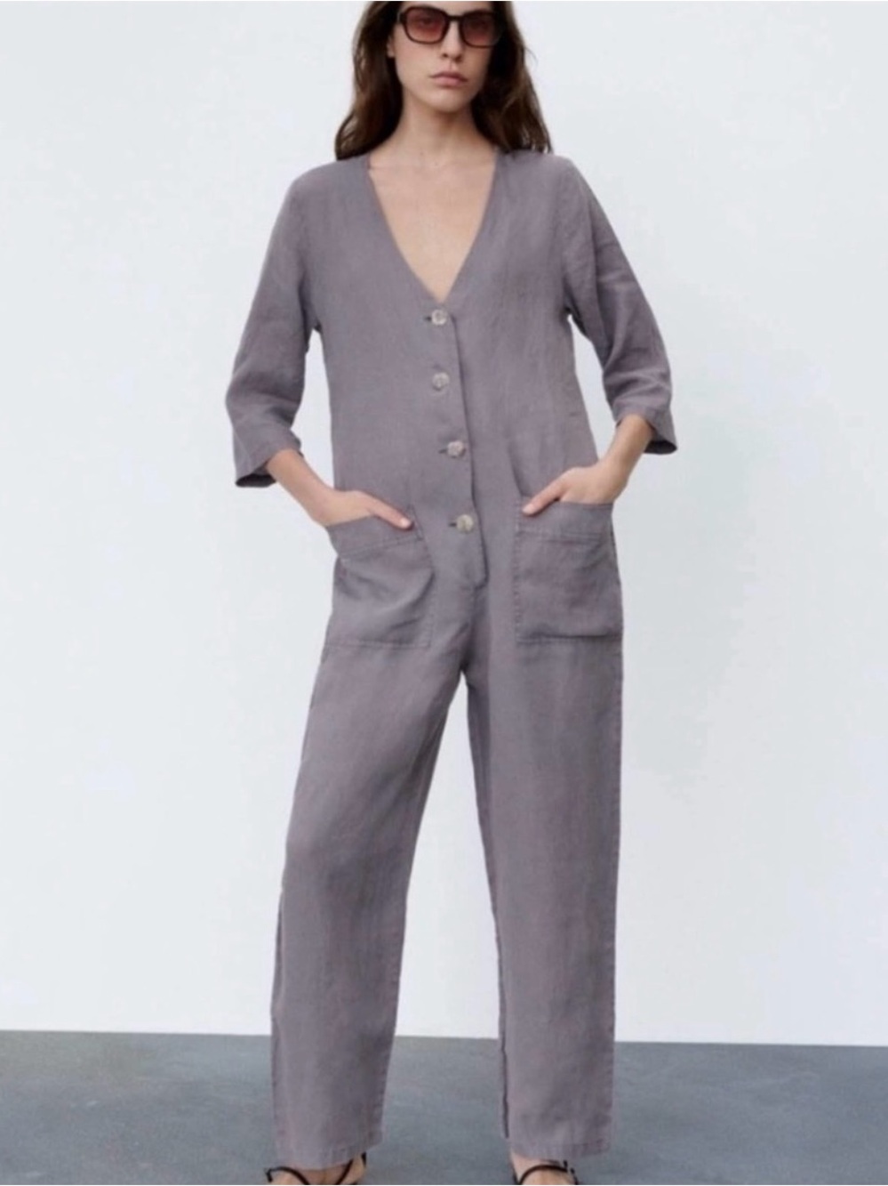 Zara Taupe-Gray Button Front V-Neck Jumpsuit